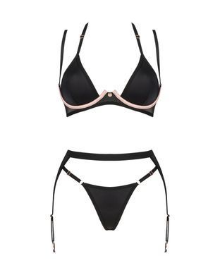 Комплект білизни Obsessive Selinne 3-pcs set XS/S Black, бюстгальтер, стрінги пояс для панчіх SO8667 фото