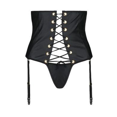 Пояс-корсет з екошкіри Passion Celine Set with Open Bra 6XL/7XL black, шнурівка, пажі, стрінги SO7064 фото