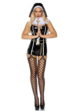 Виниловый костюм монашки Leg Avenue Sinful Sister XS, комбинезон, воротник, пояс, головной убор SO8536 фото