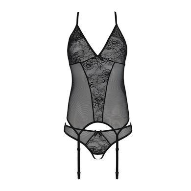 Корсет із пажами, трусики з ажурним декором та відкритим кроком Ursula Corset black L/XL &mdash; Passion SO5835 фото