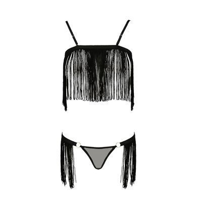 Комплект белья KASSANDRA SET OpenBra black L/XL - Passion Exclusive: лиф из бахромы, трусики-юбка PS26301 фото