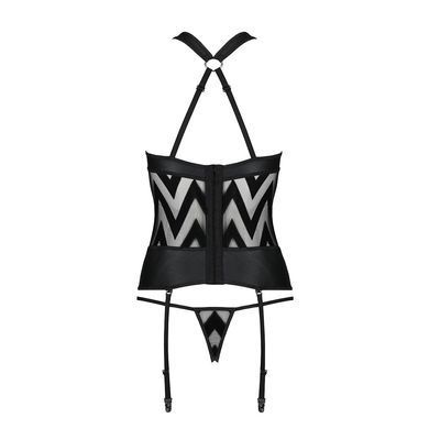 Сетчатый комплект с узором Hima Corset black L/XL - Passion, корсет с халтером, подвязки, трусики SO5349 фото