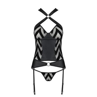 Сетчатый комплект с узором Hima Corset black L/XL - Passion, корсет с халтером, подвязки, трусики SO5349 фото