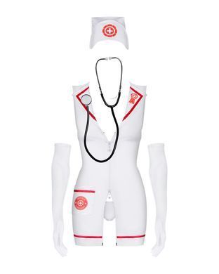 Эротический костюм медсестры Obsessive Emergency dress S/M, white, платье, стринги, перчатки, чепчик SO7704 фото