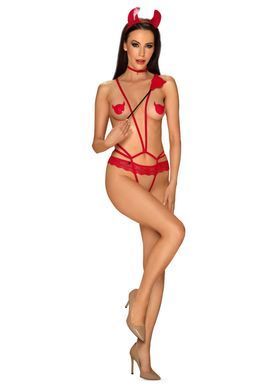Еротичний костюм чортика зі стреп Obsessive Evilia teddy red S/M, боді, чокер, накладки на соски, об SO7706 фото