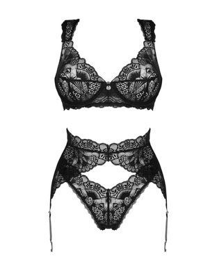 Комплект белья Obsessive Donna Dream 3-pcs set XL/2XL Black, бюстгальтер, стринги, пояс для чулок SO8638 фото
