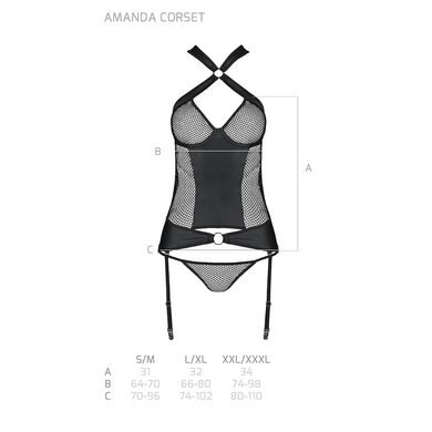 Сітчастий комплект корсет з халтером, зйомні підв'язки та трусики Amanda Corset black L/XL - Passion SO5318 фото