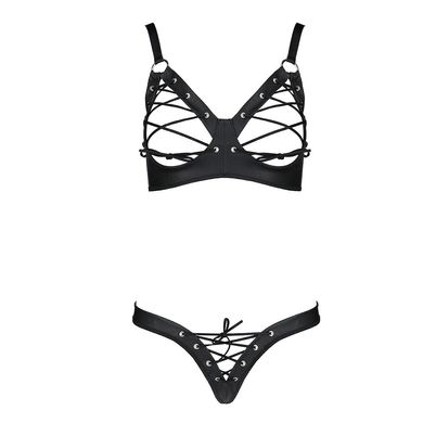 Комплект из экокожи Celine Bikini black L/XL — Passion: открытый бра с лентами, стринги со шнуровкой SO6400 фото