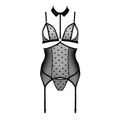Корсет з відкритими грудьми Passion DOMINICA CORSET S/M black, пажі для панчіх, стрінги SO8434 фото