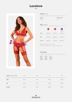 Комплект білизни Obsessive Lacelove cupless 3-pcs set XS/S Red, бюстгальтер, стрінги, пояс для панчі SO8655 фото