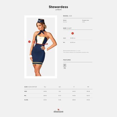 Эротический костюм стюардессы Obsessive Stewardess uniform XS/S, blue, платье, пилотка, шарф, манжет SO7729 фото
