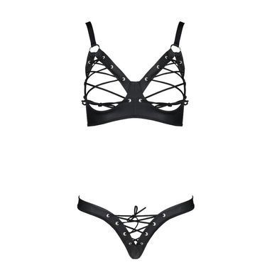 Комплект з екошкіри Passion Celine Bikini 4XL/5XL black, відкритий бра, стрінги зі шнурівкою SO7057 фото